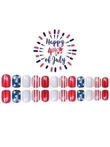 24片/套椭圆形红蓝爱国星条纹短款美甲贴片，适合女孩、上班族、派对、约会和日常佩戴 - 彩色 - 查看 3
