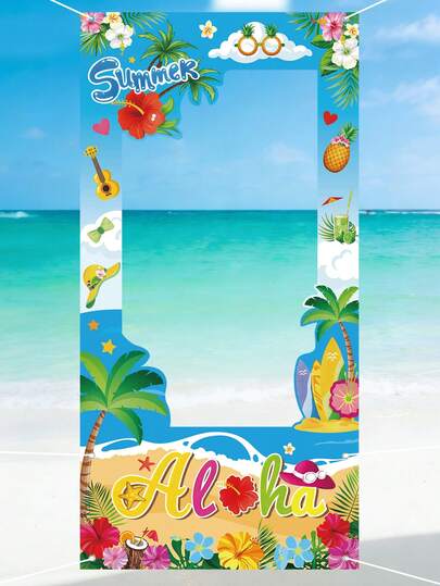 1件夏威夷主题摄影背景布，夏威夷主题派对背景装饰，夏季海滨沙滩摄影背景布，夏威夷阿罗哈派对用品，大型夏季卢奥海滩横幅，生日摄影背景，热带提基音乐派对装饰，生日派对装饰，摄影道具，派对礼品，派对背景布