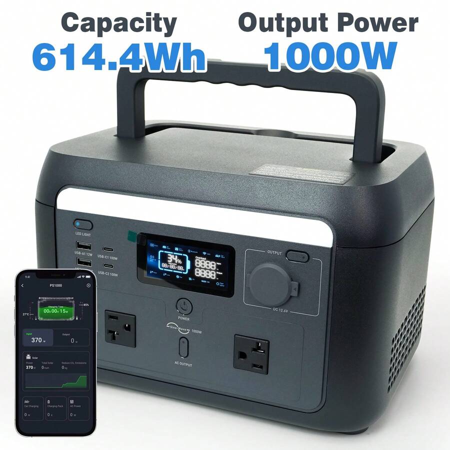 1000W/614.4Wh Portable Power Station - LiFePO4 Battery Power Generator, Super Fast Chaging Solar Generator, Emergency Power Source For Camping, Power Outage & Off-Grid, Home Emergency Backup, Outdoor Emergency Situations, UPS Function, Peak 1600W - Xem 1