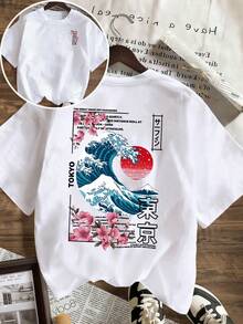 女士新款休闲可爱图案宽松圆领短袖T恤，时尚日常及度假穿着。东京岛日落波浪印花圆领短袖T恤，柔软宽松舒适，高端街头风及度假休闲百搭短袖上衣，白色夏季款 - 白色 - 查看 6