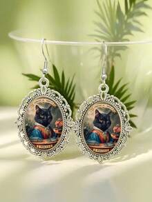 Zodiac Earrings, Dark Gothic Cat-Themed Zodiac Earrings, Birthday Party Gift - Silver - View 18