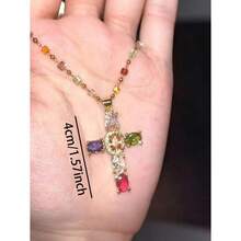 1pc Y2K Gold Plated Rainbow Colorful Cross Pendant Necklace Women Elegant Fashion Necklace Hip Hop Party Music Festival Jewelry Gift For Girlfriend Lover Couple - 彩色 - 查看 5