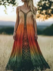 Plus-Size Women's Sexy V-Neck Spaghetti Strap Maxi Dress, Orange-Green Gradient Retro Print, Thin Strap Design, Slightly Stretchy Knit Fabric, Machine-Washable, Quick-Drying, Slim-Fit High-Waist A-Line Style, Casual Vacation Dress, Suitable For Outdoor Trips / Daily Wear - 彩色 - 查看 1