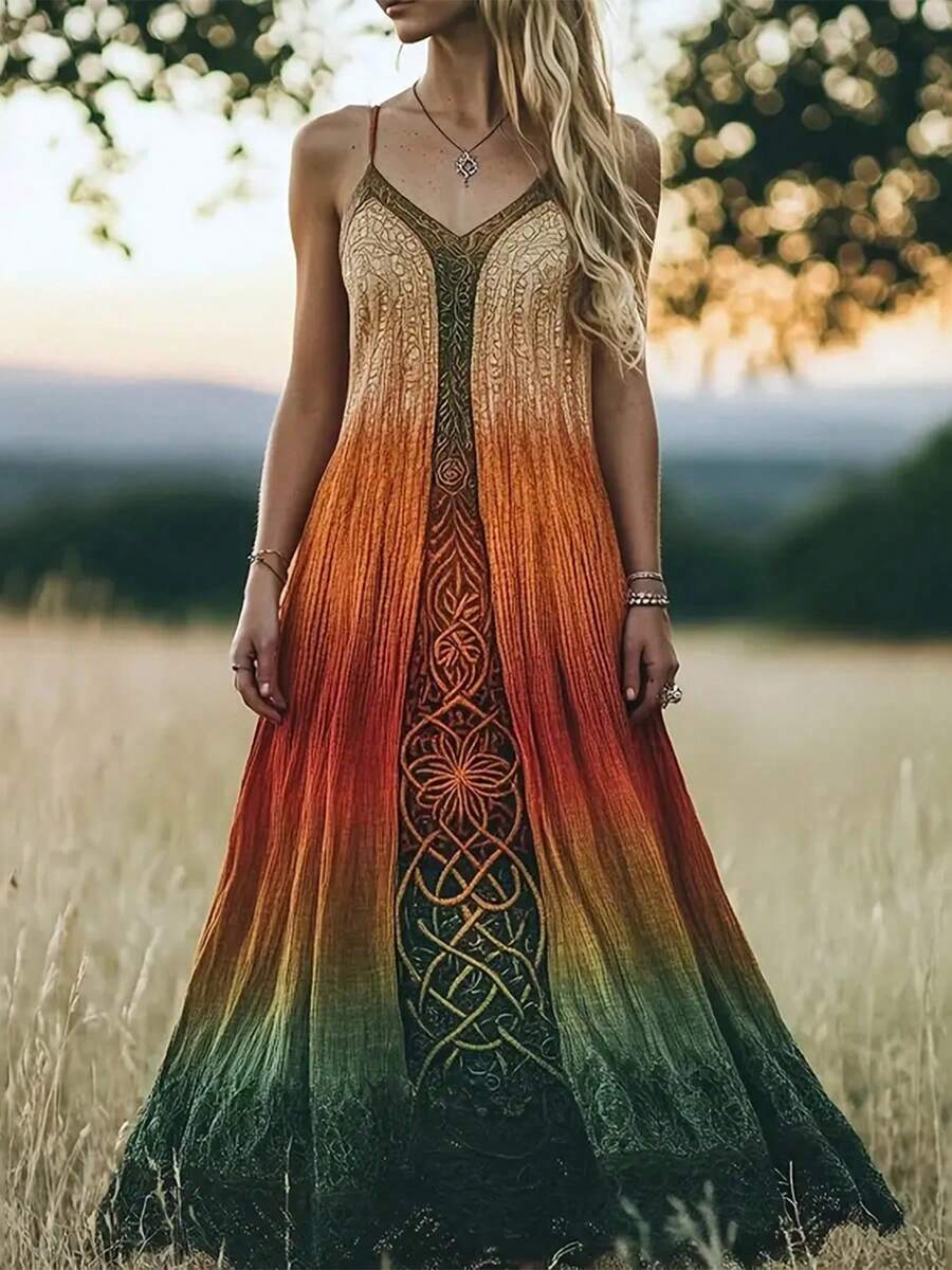 Plus-Size Women's Sexy V-Neck Spaghetti Strap Maxi Dress, Orange-Green Gradient Retro Print, Thin Strap Design, Slightly Stretchy Knit Fabric, Machine-Washable, Quick-Drying, Slim-Fit High-Waist A-Line Style, Casual Vacation Dress, Suitable For Outdoor Trips / Daily Wear - 彩色 - 查看 1