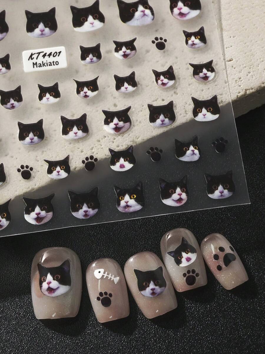 1pc Cute Cat Embossed Embroidery Ballet Style Nail Art Sticker, Nail Sticker, Nail Art Tool, Nail Decoration Nail Stickers - Multicolor - View 1
