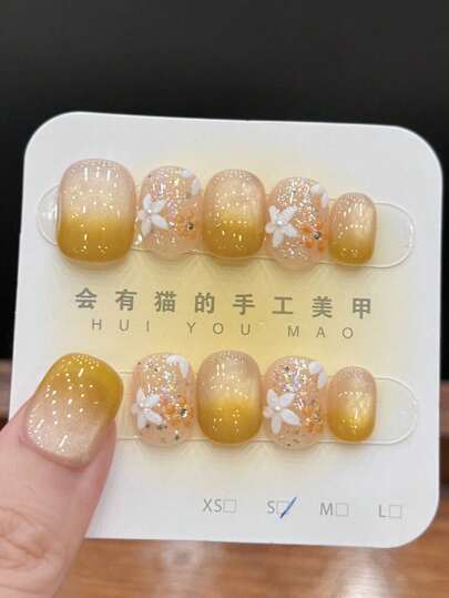 10pcs/Set Press On Nail Art Hatazawa Koshiki Cat Eye Hand Painted Colorful Sparkly Sweet And Gentle Nail Art, Handmade Wearing Nail Art