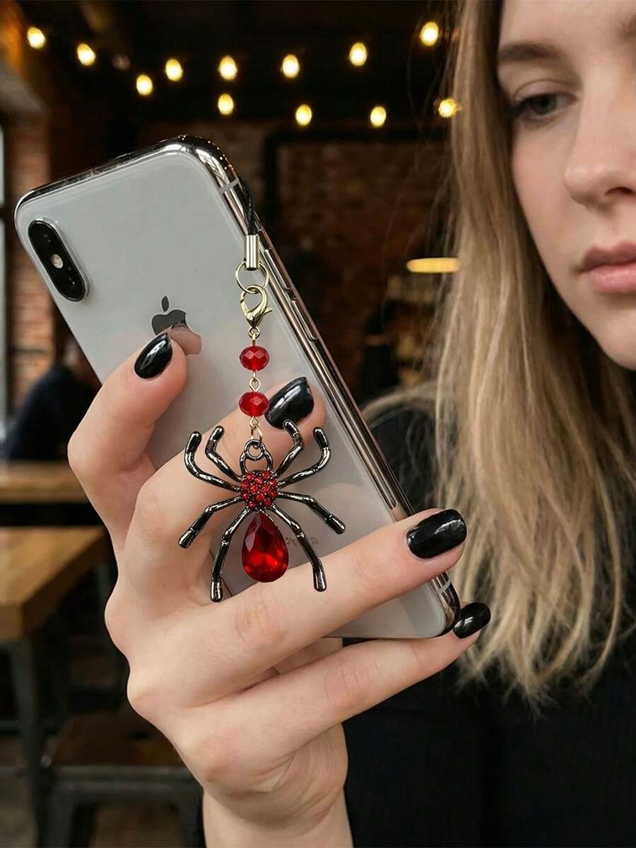 1 pieza Cordón para teléfono con araña de cristal rojo estilo gótico vampiro - Negro - Ver 1