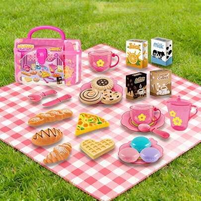 儿童过家家厨具套装，粉紫色逼真餐盘、茶壶、零食、披萨、面包，配有方便的收纳盒，儿童厨房玩具套装配件，下午茶甜点食物玩具套装，送给女孩的理想礼物玩具