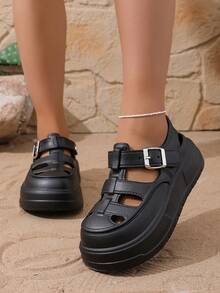 时尚厚底罗马式高帮乐福鞋，黑色透气女士套脚鞋 - 黑色 - 查看 1