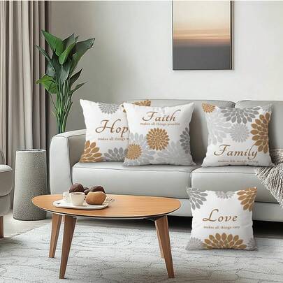 Bộ 4 vỏ gối trang trí họa tiết hoa màu đào thanh lịch với chủ đề Tình yêu, Gia đình, Hy vọng & Niềm tin, chất liệu nhung, in một mặt, 100% polyester, thích hợp trang trí phòng khách, sofa, phòng ngủ, chỉ bao gồm vỏ gối, kích thước 40x40cm/45x45cm/50x50cm.