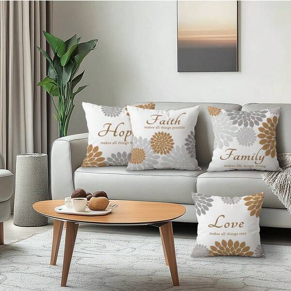 Bộ 4 vỏ gối trang trí họa tiết hoa màu đào thanh lịch với chủ đề Tình yêu, Gia đình, Hy vọng & Niềm tin, chất liệu nhung, in một mặt, 100% polyester, thích hợp trang trí phòng khách, sofa, phòng ngủ, chỉ bao gồm vỏ gối, kích thước 40x40cm/45x45cm/50x50cm.
