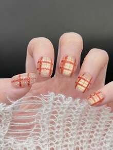 10pcs/Set Press On Nail Art, Orange Effervescent Water, Red Patterned Hand Painted Checkered Glittery Glass Bead Cat Eye Handcrafted Nail Accessories - Multicolor - View 2