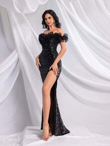 QOQ Women's Sequin Mermaid Evening Gown, High Slit Off Shoulder Ruffle Formal Maxi Dress, Elegant Prom Cocktail Wedding Guest Gala Party Dresses - Black - View 5