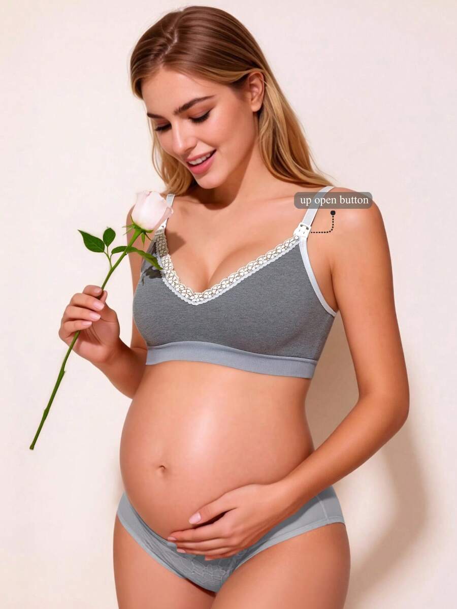 1件孕妇前开式蕾丝哺乳文胸，无钢圈无衬垫舒适内衣 - 淺灰色 - 查看 1