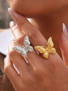 Frminee 2pcs/1pc Summer Butterfly 18k Gold Plated Stainless Steel Ring, Cute Insect Animal, Waterproof, Time For Daily Wear, Holiday Gift - Multicolor - View 2