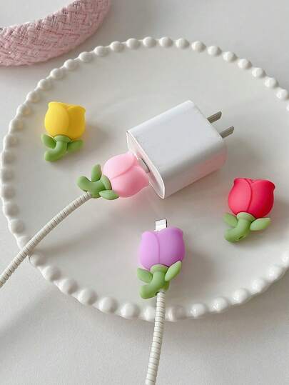 4 piezas Protectores de cable de datos con diseño de tulipán lindo, diseño de pata de gato, protectores de cable de datos con diseño de animales marinos, decora y protege tus cables de carga del teléfono contra daños, esencial para vacaciones de verano, actividades al aire libre, Día de la Madre, Día del Padre, regalos de cumpleaños, 1 set