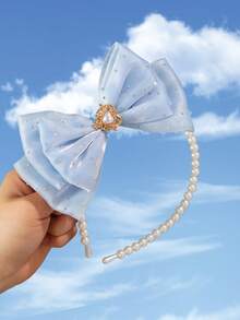 1 pieza Diadema para niñas de malla azul claro, con lazo y corazón de aleación con perlas, estilo fresco y dulce - Celeste - Ver 5