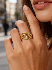 1 Pc Minimalist Line Wide Ring For Women Gold Color Stainless Steel Geometric Ring Birthday Party Jewelry Gift - Multicolor 2 - View 3