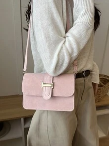 1pc Mini Solid Color Square Bag With Metal Buckle Decor, Suede-Like PU Adjustable Shoulder Strap, Flap Cover Fashion Women Crossbody Bag For Daily Use & Outing ,Pink Bag - Pink - View 3