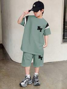 Tween Boy Letter Print Short Sleeve T-Shirt And Shorts - Green - View 1