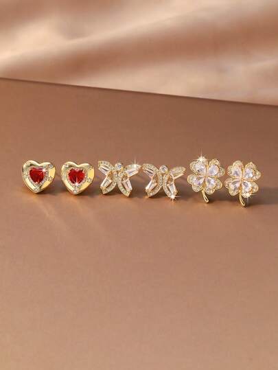 Bộ 3 đôi bông tai hình bướm đính đá Cubic Zirconia, có thể đeo riêng lẻ hoặc xếp lớp, kiểu dáng hình học đa giác, thích hợp làm quà tặng sinh nhật/hẹn hò cho phụ nữ.