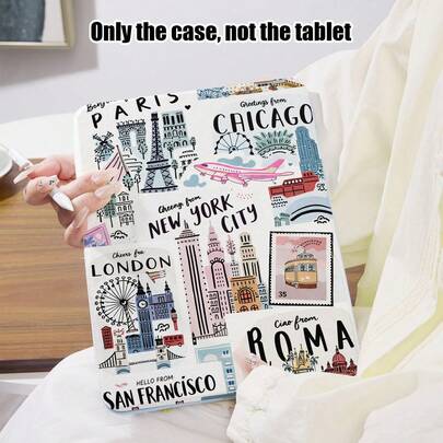 1pc Eiffel Tower, Cathedral, Windmill, Cafe, French Bread, Airplane, Bridge Pattern Flip Cover Desk Protector Case With 360 Degree Rotating Stand And Pen Slot, PU Leather, Auto Sleep/Wake, Compatible With Samsung A9/A9+/S9/S9FE/A11/A11+/S11/S10 FE/S10 FE+/S10 Lite, Apple Air 5/6, Honor, Matepad, And Other Popular Models, Suitable For Back To School, Valentine's Day, Holiday Gifts