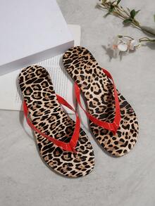 Dép xăng đan đế bằng màu đỏ in họa tiết da báo, thoải mái, thời trang thường ngày dành cho nữ, dép xỏ ngón nhẹ. - Dép xỏ ngón họa tiết da báo - Xem 4