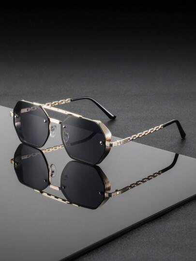 1 Pair Men's Metal Flat-Top Double-Bridge Polygon Hollow Chain Decor Legs , European And American Punk Style Casual Versatile Decorative Glasses, Fashion Eyewear
