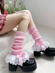 1 Pair Women's White Bow Lace Trim Flat Leg Warmers - 亮粉紅色 - 查看 7