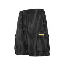 男士黑色条纹抽绳腰带工装口袋休闲短裤，夏季 - 黑色 - 查看 3