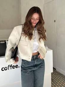 Áo khoác bomber nữ dáng rộng, tay dài, túi lớn, cổ đứng, phong cách thường ngày, áo khoác ngoài mùa xuân. - Màu be - Xem 11