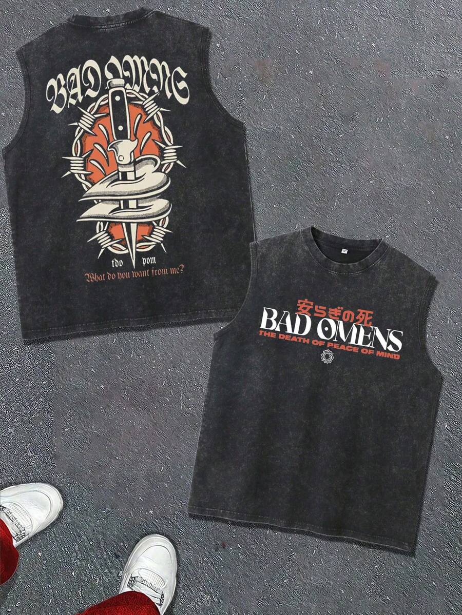 Men's Casual Crew Neck Sleeveless Washed Vest, Made Of 100% Cotton, Perfect For Summer Vacations. Features A Stylish Print And Y2K Street Style. - màu đen - Xem 1