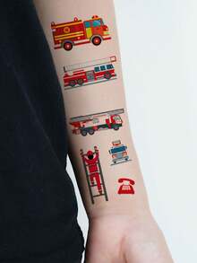10 Sheets Of Fire Truck Series Temporary Tattoos, Featuring Fire Trucks, Firefighters, Fire Extinguishers, And Firefighting Equipment Elements With 81 Designs. Waterproof, Fun, And Realistic Fake Tattoo Stickers, Perfect As Holiday Or Birthday Party - Multicolor - View 6