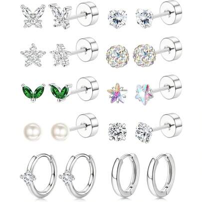 Diamday 10 đôi khuyên tai không gây dị ứng dành cho nữ, chất liệu thép không gỉ, kiểu dáng phẳng, thích hợp cho nhiều lỗ xỏ khuyên.