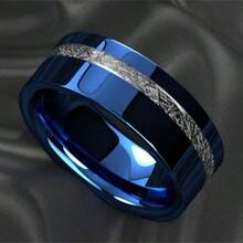 Nhẫn thép không gỉ 8mm, có các màu xanh dương, đen và bạc, khảm đá thiên thạch, thích hợp cho các cặp đôi, đeo thoải mái, có thể dùng làm nhẫn cưới hoặc nhẫn đính hôn. - Màu xanh lam - Xem 1
