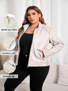 Giolshon Women Plus Size Casual Fashion Riding Jacket, Suitable For Commuting And Street Photography, Faux Leather Jacket For Autumn/Winter And Spring - Beige - View 1