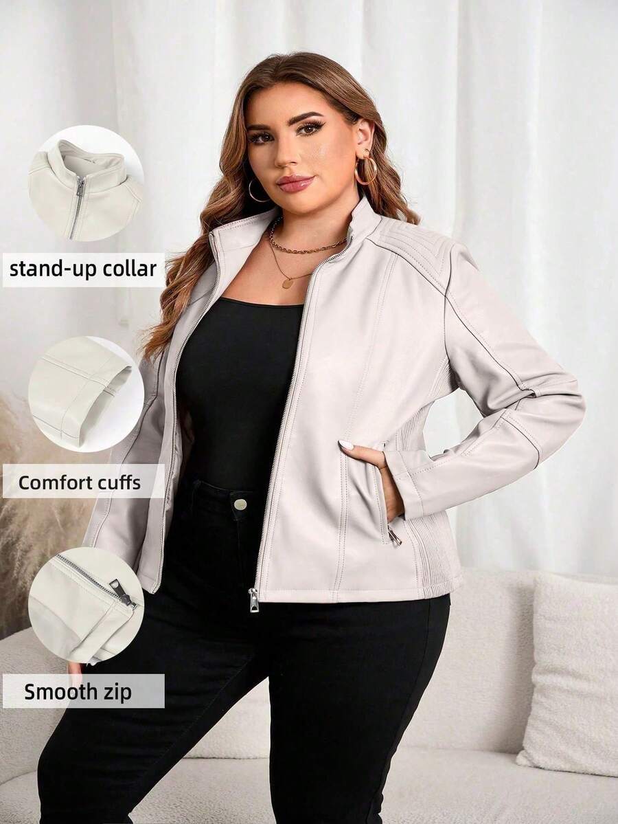 Giolshon Women Plus Size Casual Fashion Riding Jacket, Suitable For Commuting And Street Photography, Faux Leather Jacket For Autumn/Winter And Spring - Beige - View 1