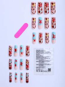 24Piece Long, Press On Nails Square Designs Include Leopard Print, Colorful Stars, And French Tips Accented With Red Stars And Rhinestones. These High-Quality Fake Nails Are Detachable, Reusable, And Versatile-Perfect For Young Women, Holidays, Gatherings, Parties, And Daily Wear - Multicolor - View 2