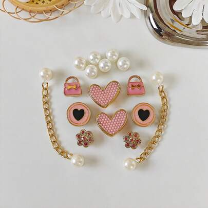 16pcs DIY Shoe Decoration Charms - Shiny Pink Heart, Bag, Flower, Faux Pearl Chain Decor Buttons, Non-Metal Lightweight Material, Y2K Fashion Versatile Cute Unisex, Suitable For EVA Beach Shoes, Sandals, Detachable Shoe Decor, Holiday Gift