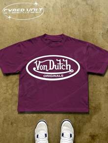 Dutch Manfinity Y2K Style Print (180g Pure Cotton T-Shirt) Cotton T-Shirt - Soft And Breathable, Green Print 100% Pure Cotton Fabric - Comfortable And Vibrant Summer Streetwear Short-Sleeved T-Shirt, Cool Motorcycle Design, Vintage Summer Everyday Wear T-Shirt - 中紫紅色 - 查看 1