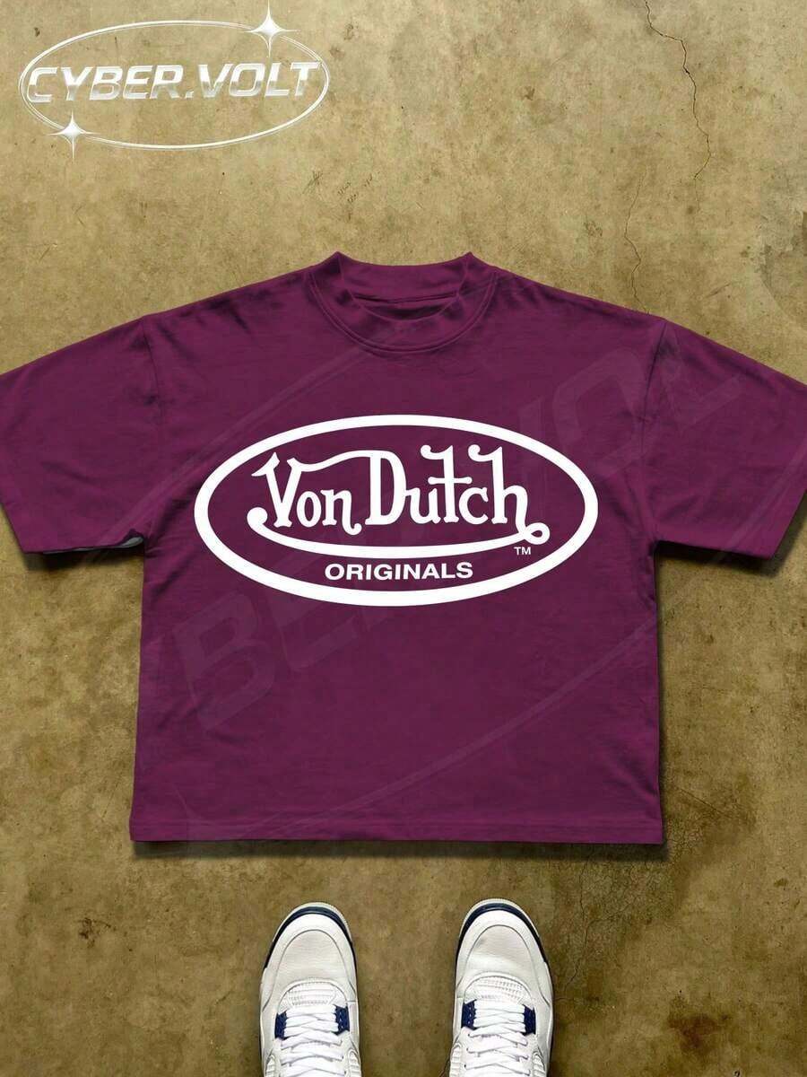 Dutch Manfinity Y2K Style Print (180g Pure Cotton T-Shirt) Cotton T-Shirt - Soft And Breathable, Green Print 100% Pure Cotton Fabric - Comfortable And Vibrant Summer Streetwear Short-Sleeved T-Shirt, Cool Motorcycle Design, Vintage Summer Everyday Wear T-Shirt - 中紫紅色 - 查看 1