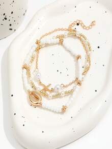 3pcs/Set Fashionable Ocean Style Shell & Starfish Beaded Elastic Anklet, Casual - Multicolor - View 3
