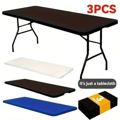 3pcs Solid Color Tablecloth Set, 6ft Half Coverage Rectangular Tablecloth Suitable For Folding Tables, Washable Table Top Protector For Party, Picnic And Events (Black, White, Royal Blue)