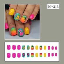 24 piezas de uñas postizas cortas cuadradas de cobertura completa y brillo para mujer, con patrones artísticos que incluyen puesta de sol colorida, océano, palmeras y playa, estilo romántico, minimalista y fresco - Multicolor - Ver 8