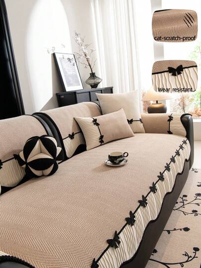 1 chiếc đệm sofa kiểu Châu Âu, hình dáng bất đối xứng, viền nơ trang trí, chất liệu vải nhung mềm mại, sang trọng tối giản, bảo vệ sofa, chống trượt, chống bụi, chống trầy xước, trang trí sofa, phù hợp cho mọi mùa, phòng ngủ, phòng khách, văn phòng, phòng học, có thể giặt máy, đệm sofa đa năng.