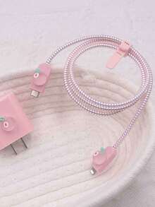 5pcs Pink TPU Peach Charging Adapter Protector Case, Suitable Compatible With Apple 13/14/15 18W/20W Charger And Data Cable Anti-Bending - Multicolor - View 3