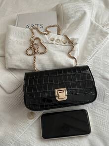 Túi đeo vai nữ có nắp gập, dây xích, họa tiết da cá sấu. - màu đen - Xem 6