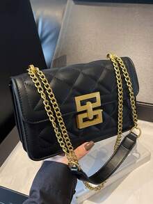 Bolso cuadrado pequeño de diseño de nicho con hebilla de metal, bolso de mensajero de cadena de hombro versátil y de lujo ligero, bolso de hombro clásico y versátil personalizado, y bolso de hombro de moda para ir al trabajo y citas. - Negro - Ver 9