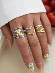 Uself 3pcs/1pc 18K Gold Plated 304 Stainless Steel Dual-Tone Heart Twist Rings Set, Polished Intertwined Open Rings, Daily, Party, Holiday Gift For Women - Multicolor - View 3