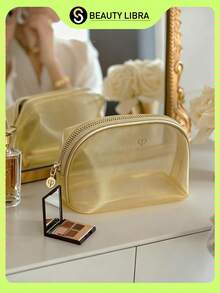 CPB 发光洗漱包，网状化妆包，透明网格，精致便携，大容量 - 金色 - 查看 2